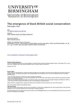 University of Birmingham the Emergence of Black British Social