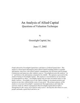 Allied Capital Questions of Valuation Technique