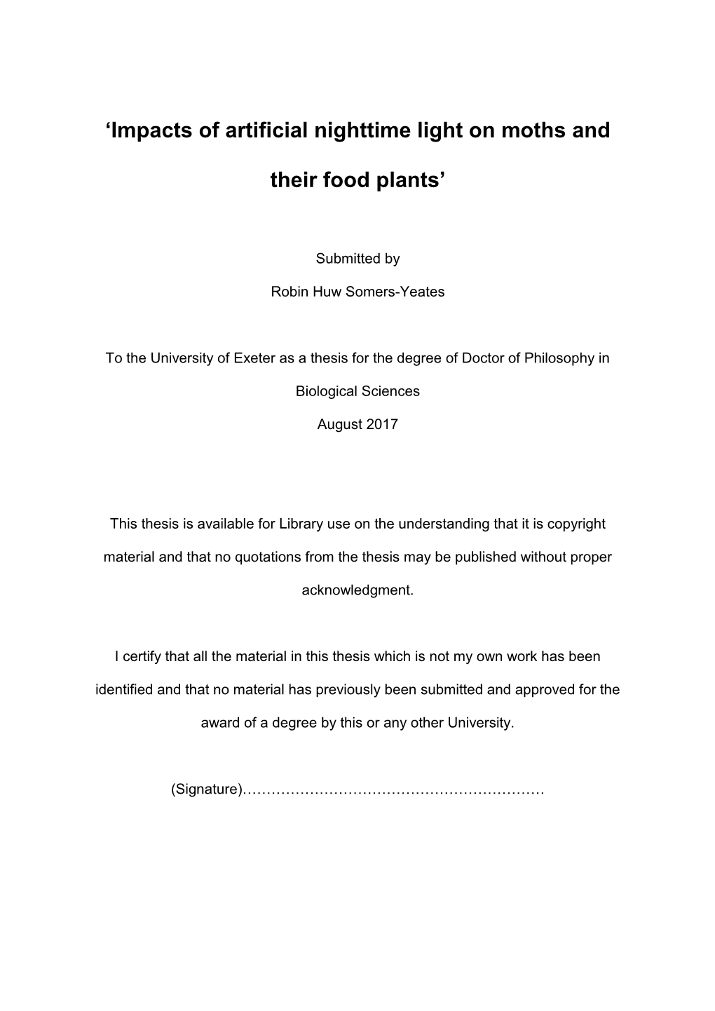 'Impacts of Artificial Nighttime Light on Moths and Their Food Plants'