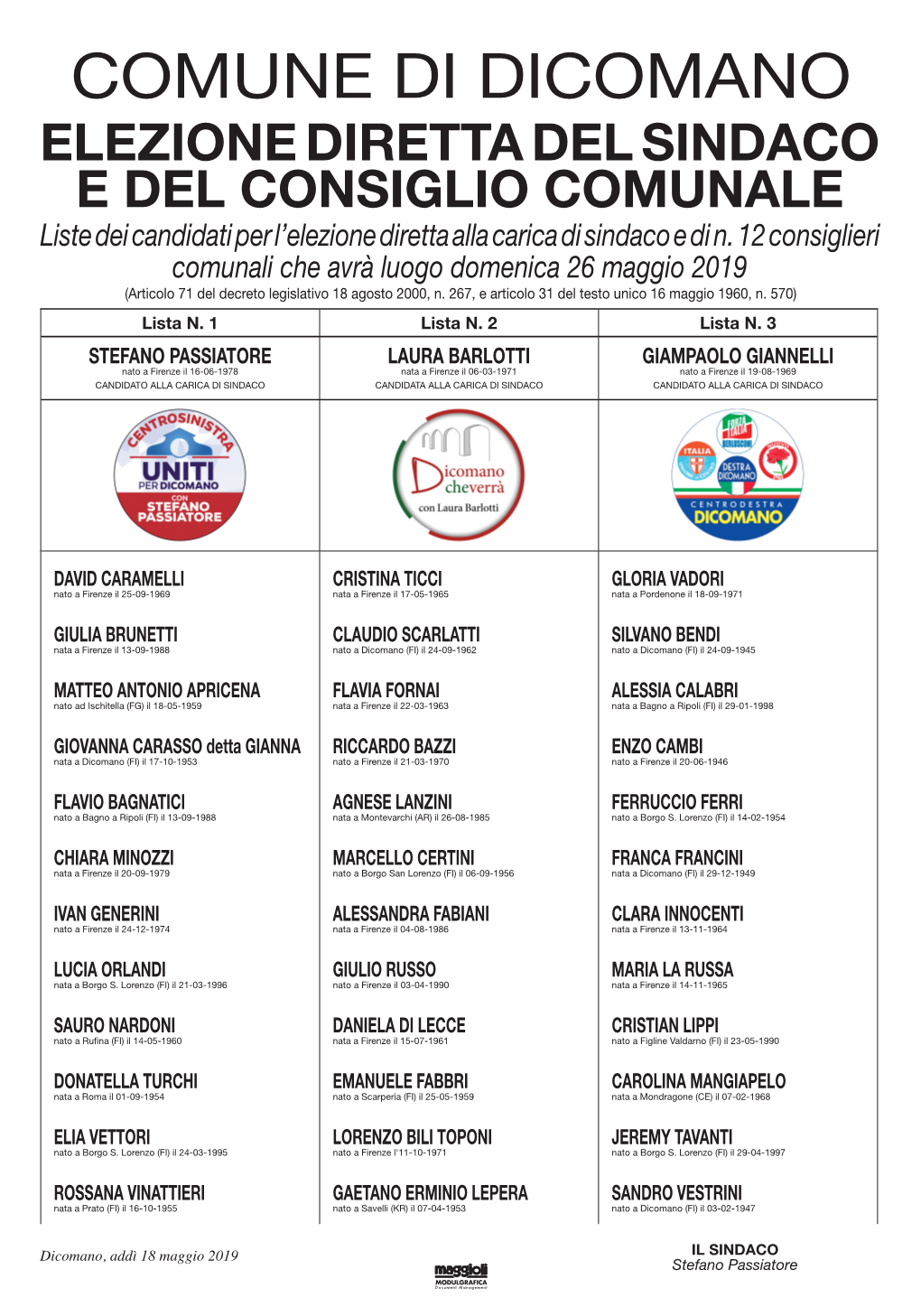 Liste Dei Candidati Per L'elezione Diretta Alla Carica Di Sindaco E Di N. 12 Consiglieri Comunali Che Avrà Luogo Domenica 26