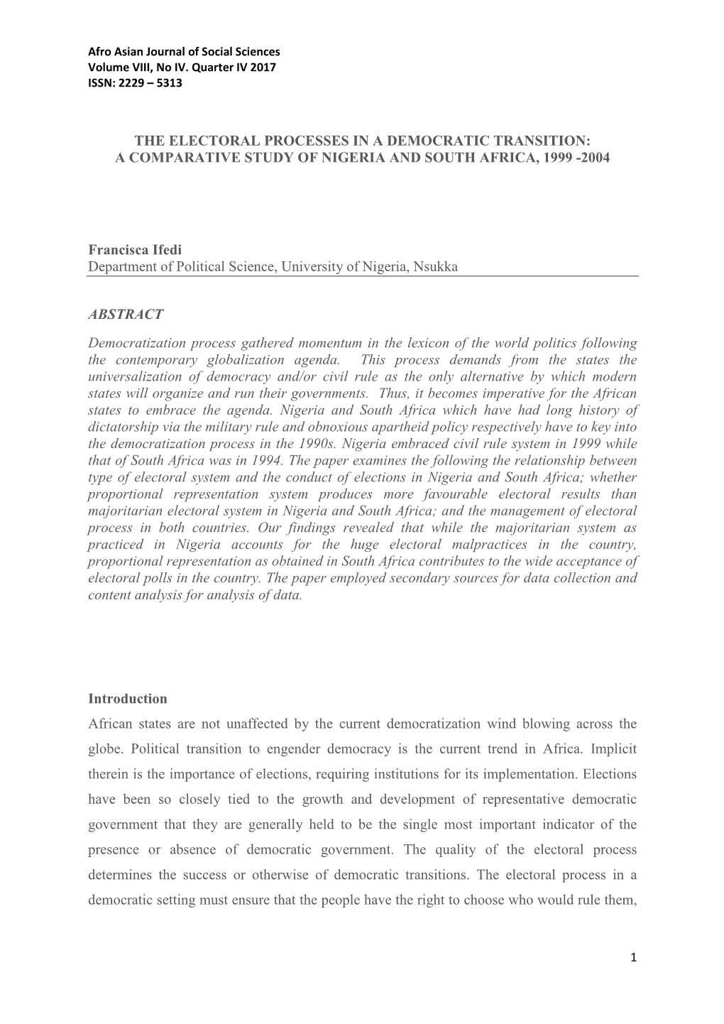 The Electoral Processes in a Democratic Transition: a Comparative Study of Nigeria and South Africa, 1999 -2004