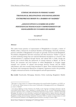 Ethnic Business in Whose Name? Translocal Belongings and Bangladeshi Entrepreneurship in a Barrio of Madrid 1