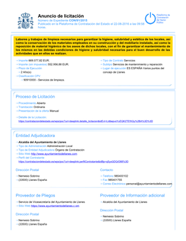 Anuncio De Licitación Número De Expediente CON/91/2015 Publicado En La Plataforma De Contratación Del Estado El 22-08-2016 a Las 09:58 Horas