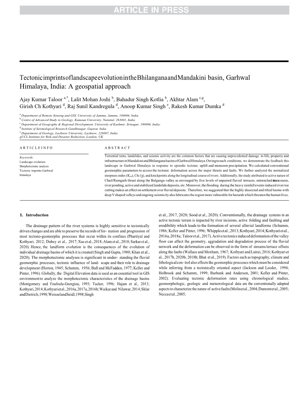 Tectonic Imprints of Landscape Evolution in the Bhilangana and Mandakini Basin, Garhwal Himalaya, India: a Geospatial Approach