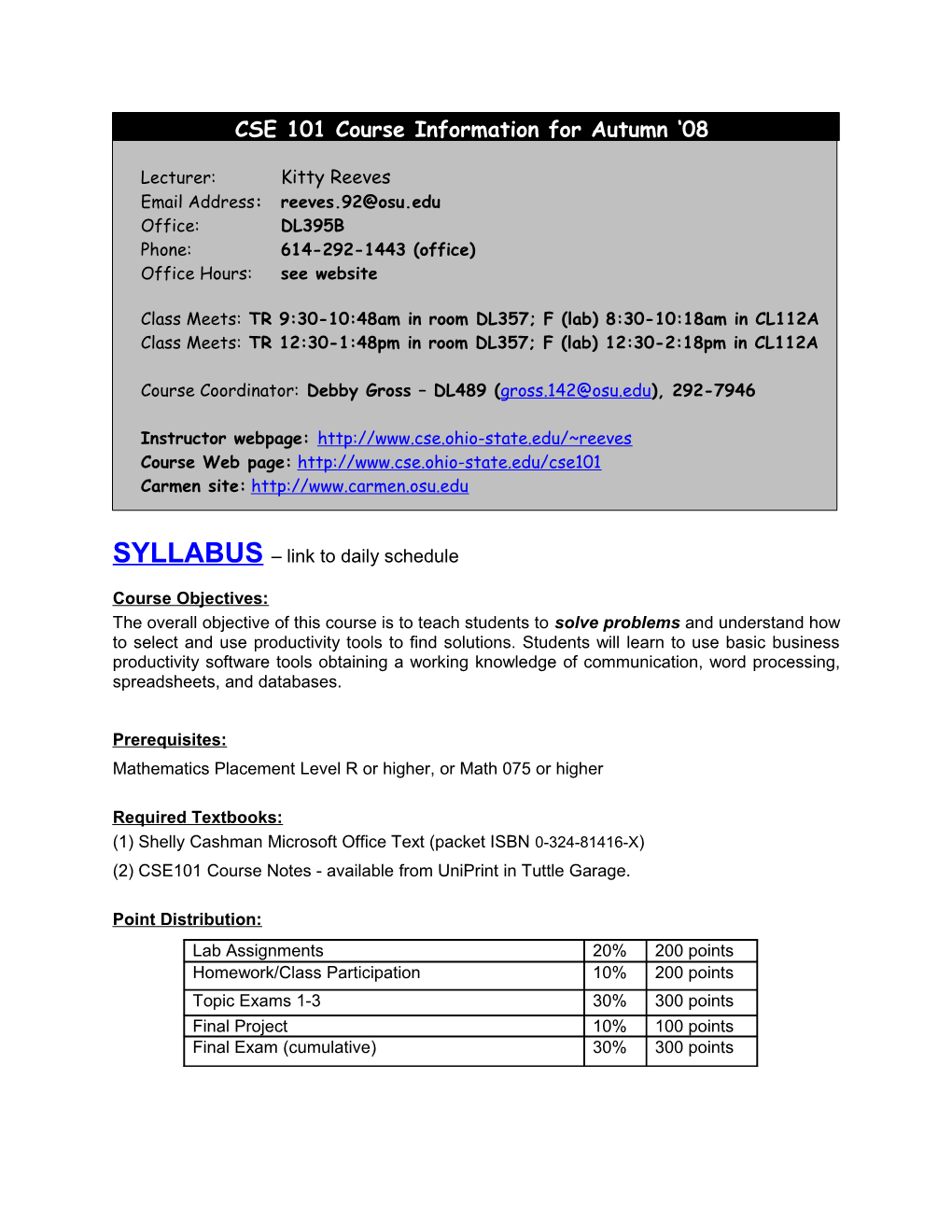 CSE 101 Course Information for Autumn 08