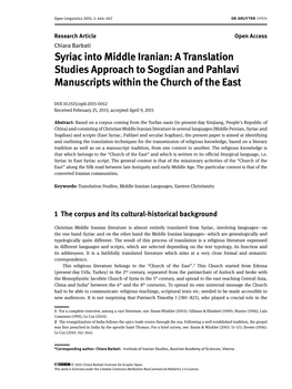 Syriac Into Middle Iranian: a Translation Studies Approach to Sogdian and Pahlavi Manuscripts Within the Church of the East