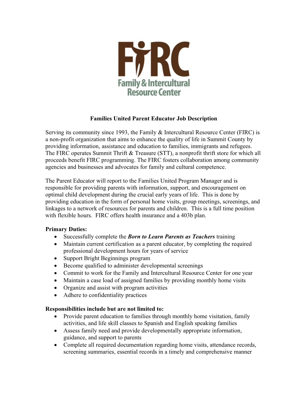 Families United Parent Educator Job Description