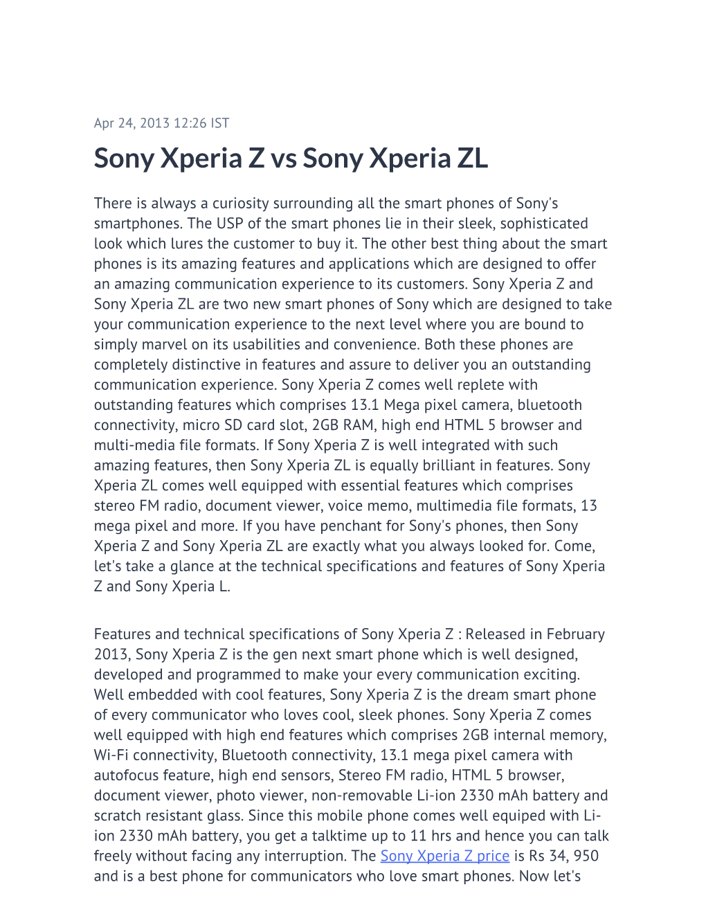 Sony Xperia Z Vs Sony Xperia ZL