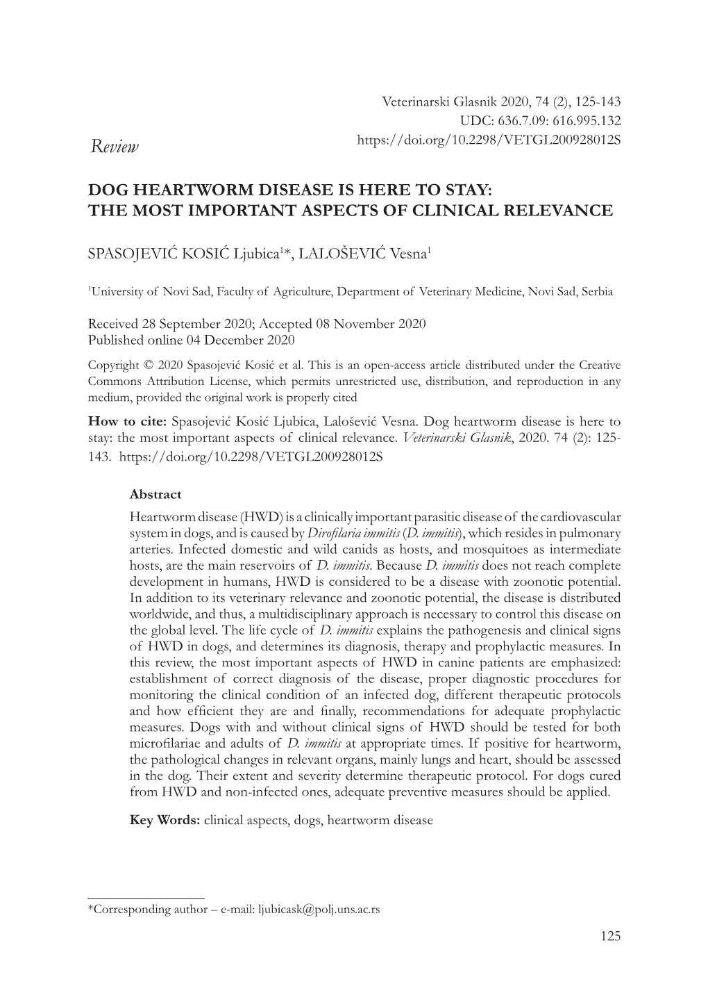 Veterinarski Glasnik 2020, 74 (2), 125-143 UDC: 636.7.09: 616.995.132 Review