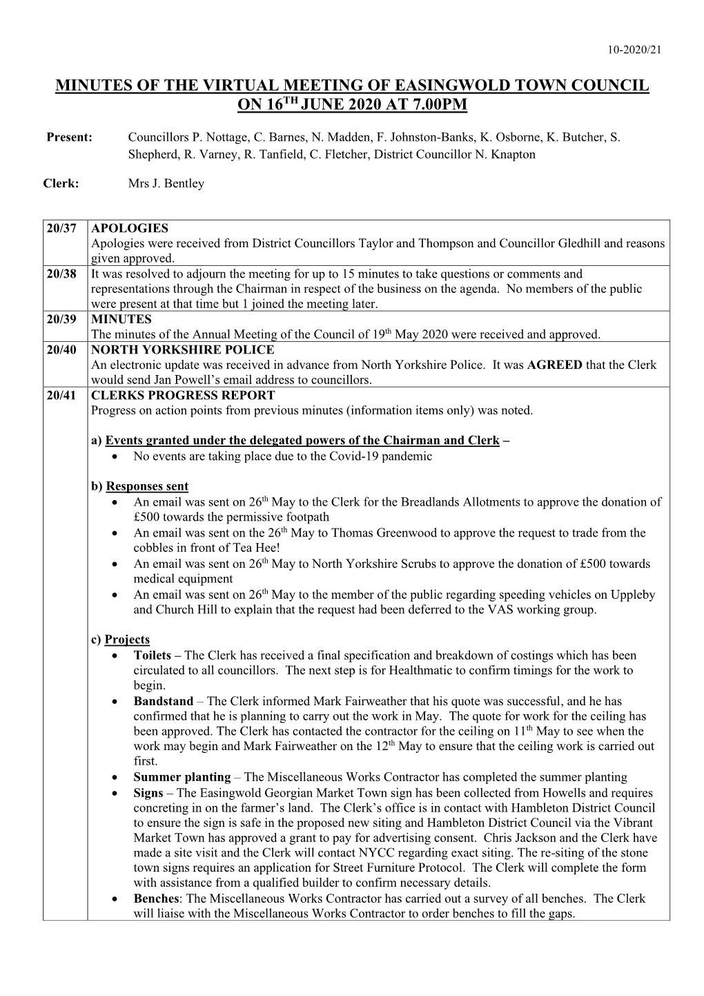 Minutes of the Virtual Meeting of Easingwold Town Council on 16Th June 2020 at 7.00Pm