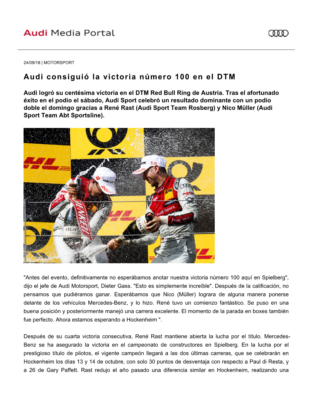 Audi Consiguió La Victoria Número 100 En El DTM