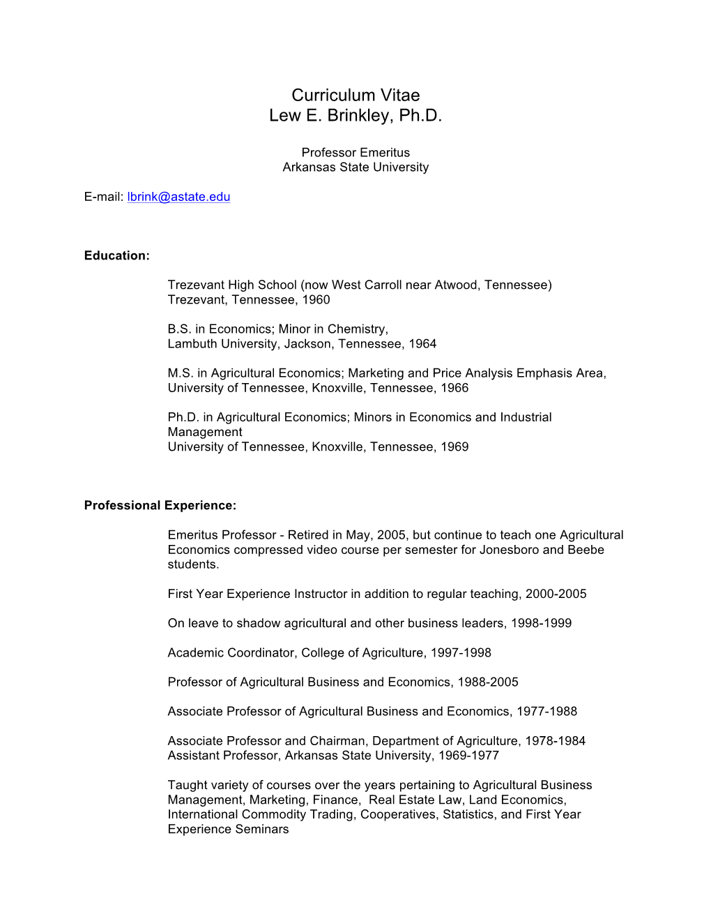 Curriculum Vitae Lew E. Brinkley, Ph.D