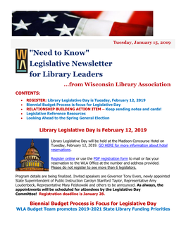 WLA Legislative Newsletter 1-15-19