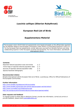 Luscinia Calliope (Siberian Rubythroat) European Red List of Birds Supplementary Material