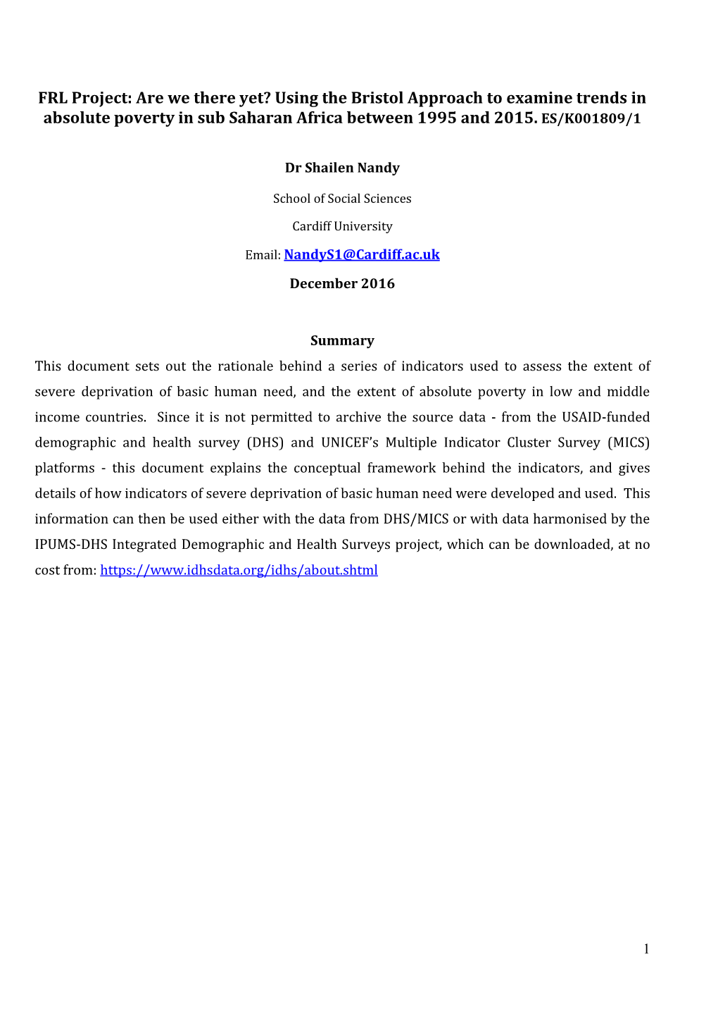 Using the Bristol Approach to Examine Trends in Absolute Poverty in Sub Saharan Africa Between 1995 and 2015