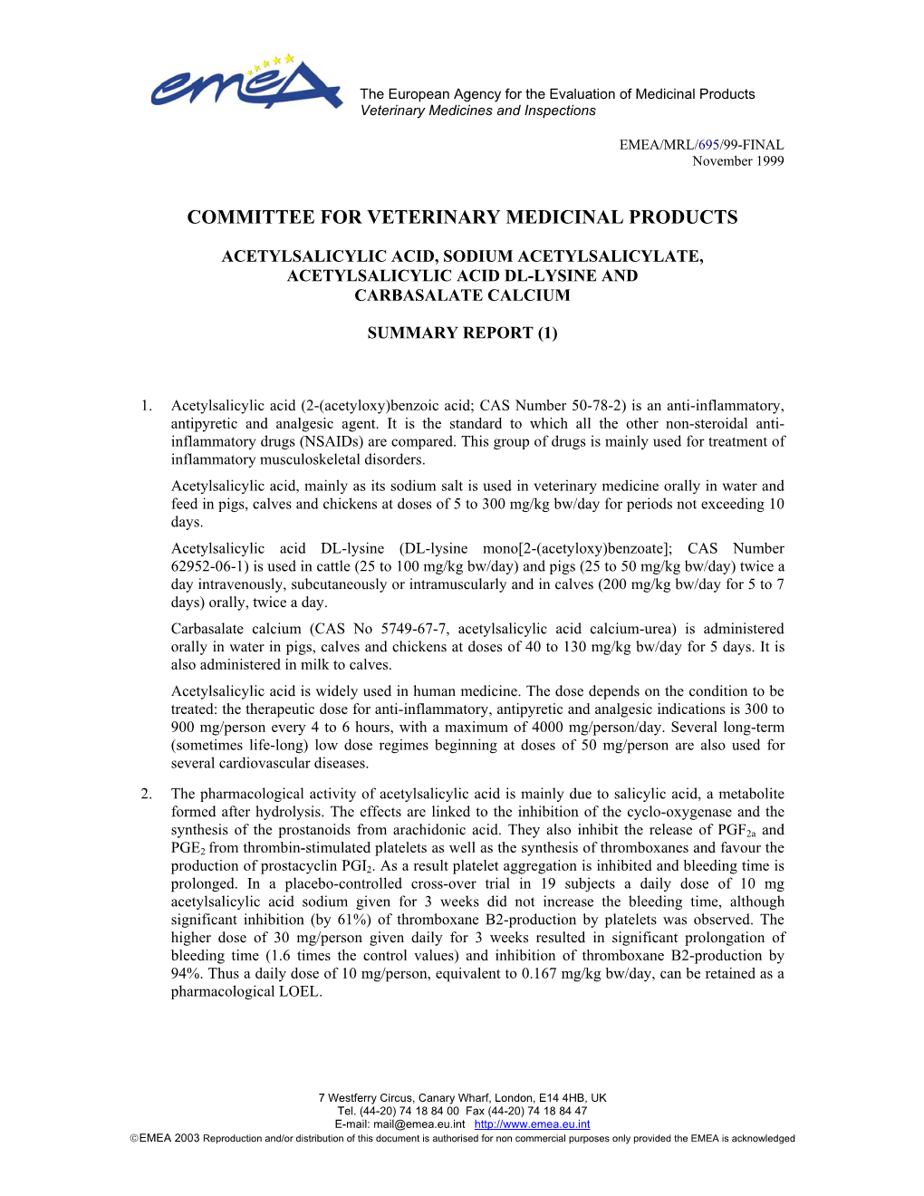 CVMP Acetylsalicylic Acid & Salts Summary Report