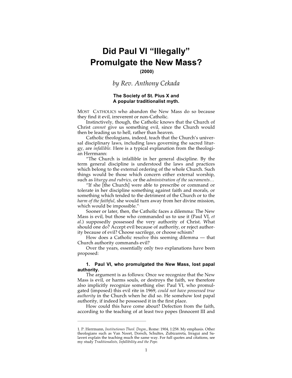 Did Paul VI “Illegally” Promulgate the New Mass? (2000) by Rev