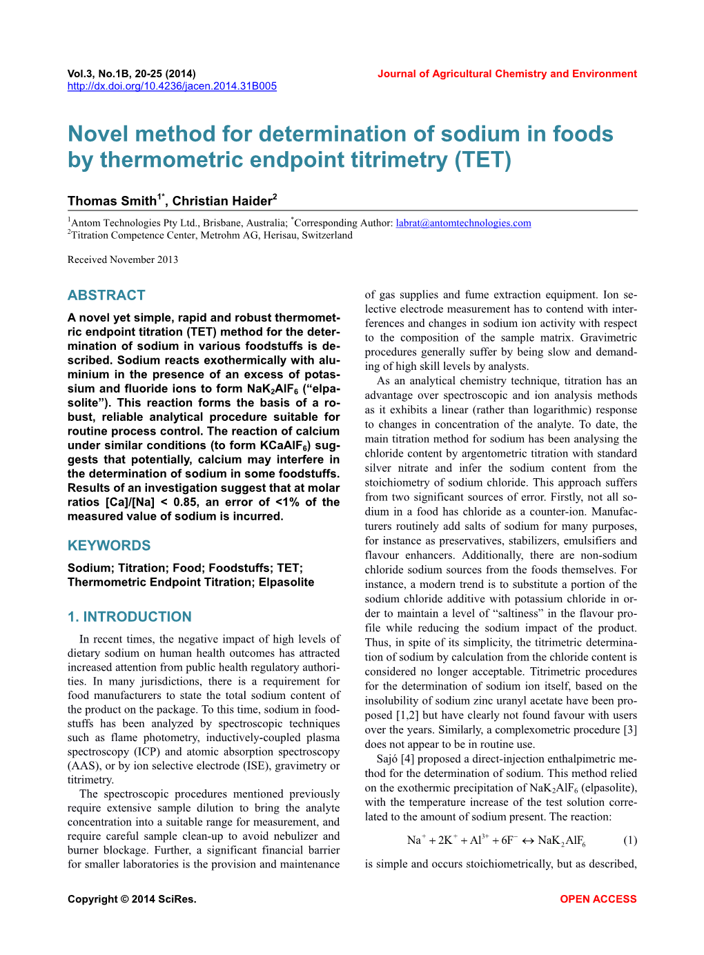 Novel Method for Determination of Sodium in Foods by Thermometric Endpoint Titrimetry (TET)