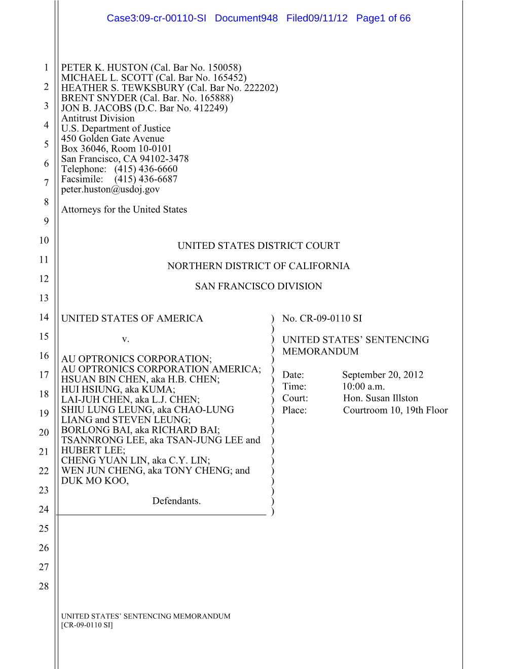 United States Sentencing Memorandum: U.S. V. AU Optronics Corporation, Et