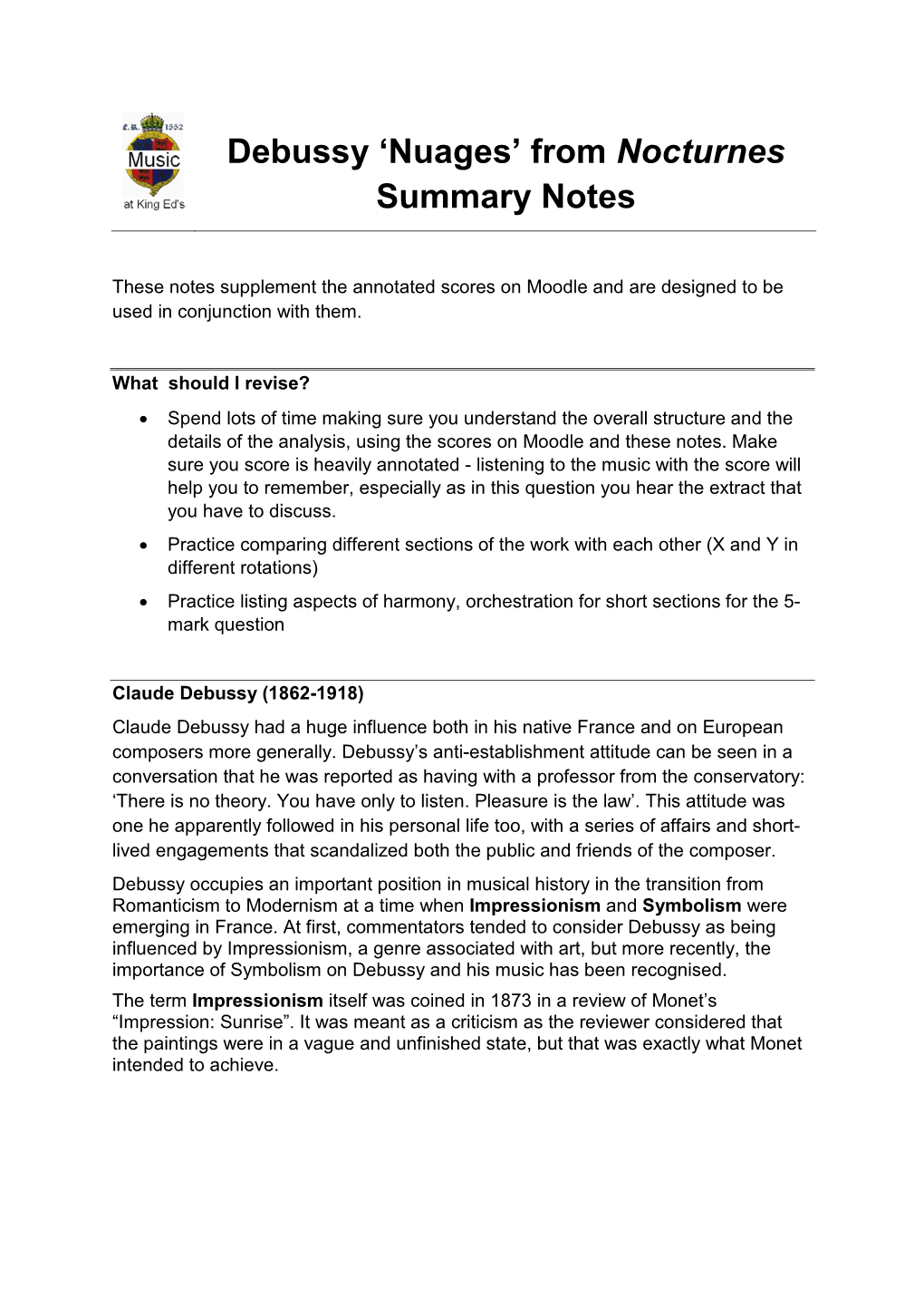 Debussy 'Nuages' from Nocturnes Summary Notes