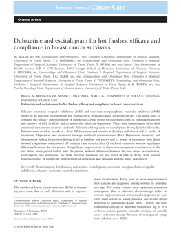 Duloxetine and Escitalopram for Hot Flushes: Efficacy and Compliance in Breast Cancer Survivors