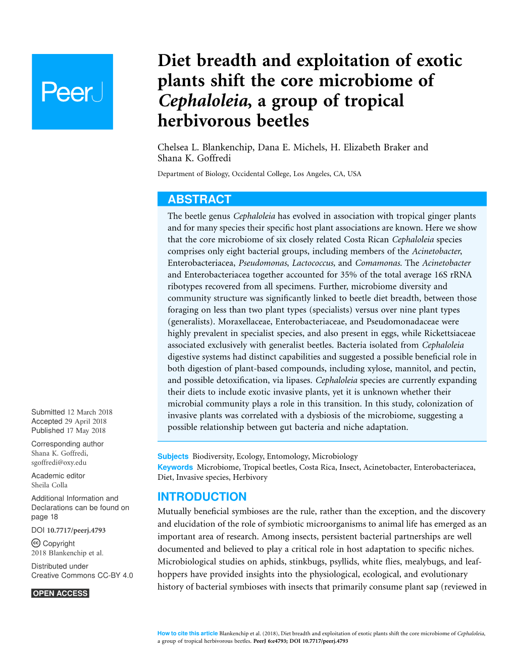 Diet Breadth and Exploitation of Exotic Plants Shift the Core Microbiome of Cephaloleia, a Group of Tropical Herbivorous Beetles
