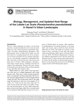 Biology, Management, and Updated Host Range of the Lobate Lac Scale (Paratachardina Pseudolobata) in Hawai‘I’S Urban Landscapes