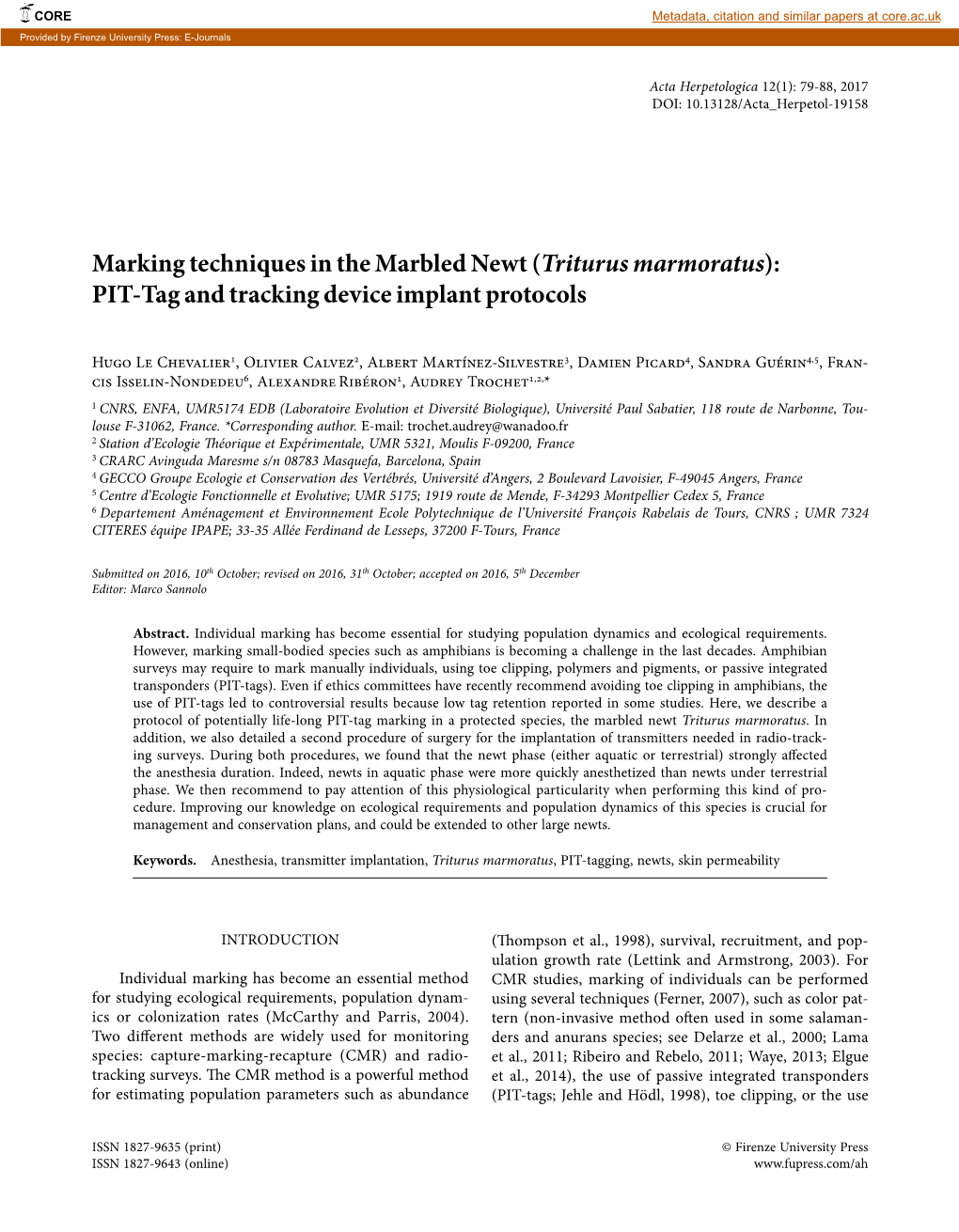 Marking Techniques in the Marbled Newt (Triturus Marmoratus): PIT-Tag and Tracking Device Implant Protocols