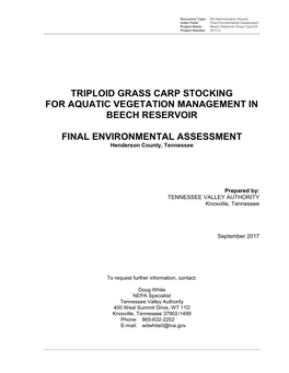 Triploid Grass Carp Stocking for Aquatic Vegetation Management in Beech Reservoir