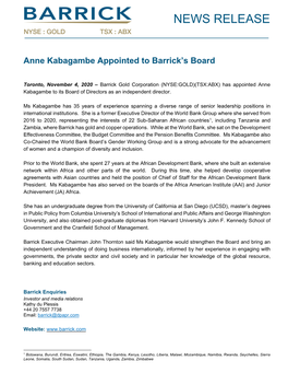 Anne Kabagambe Appointed to Barrick's Board