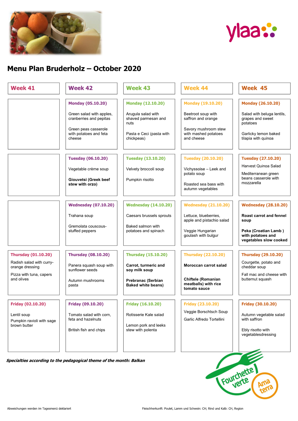 Menu Plan Bruderholz – October 2020