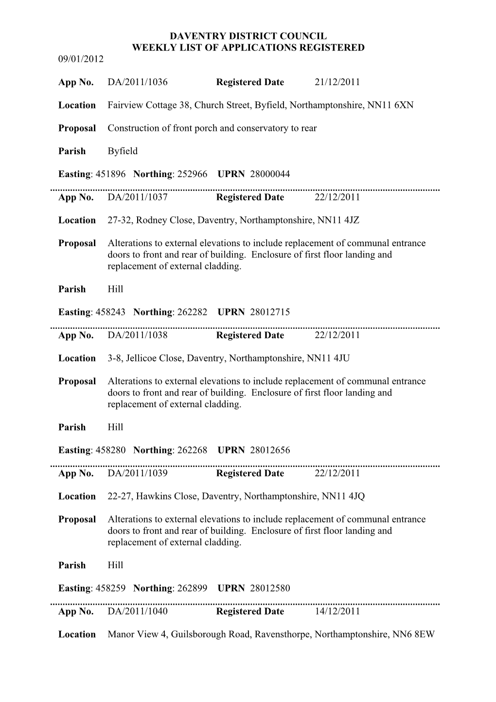 DAVENTRY DISTRICT COUNCIL WEEKLY LIST of APPLICATIONS REGISTERED 09/01/2012 App No. DA/2011/1036 Registered Date 21/12/2011 Loca