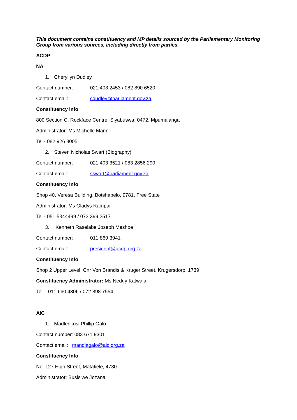 This Document Contains Constituency and MP Details Sourced by the Parliamentary Monitoring Group from Various Sources, Including Directly from Parties