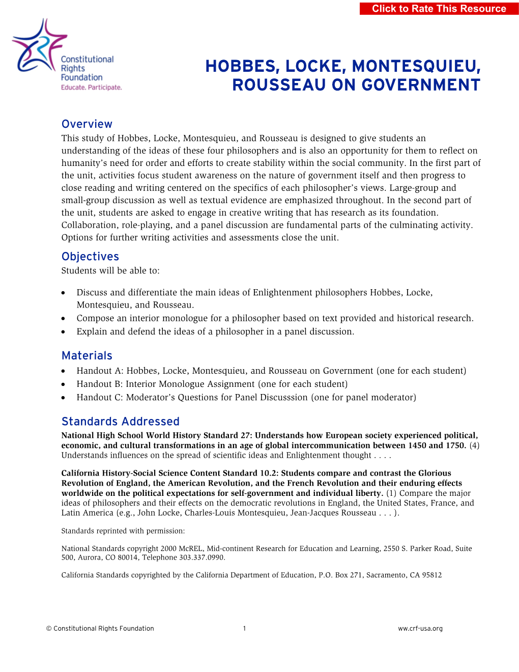 Hobbes, Locke, Montesquieu, and Rousseau on Government