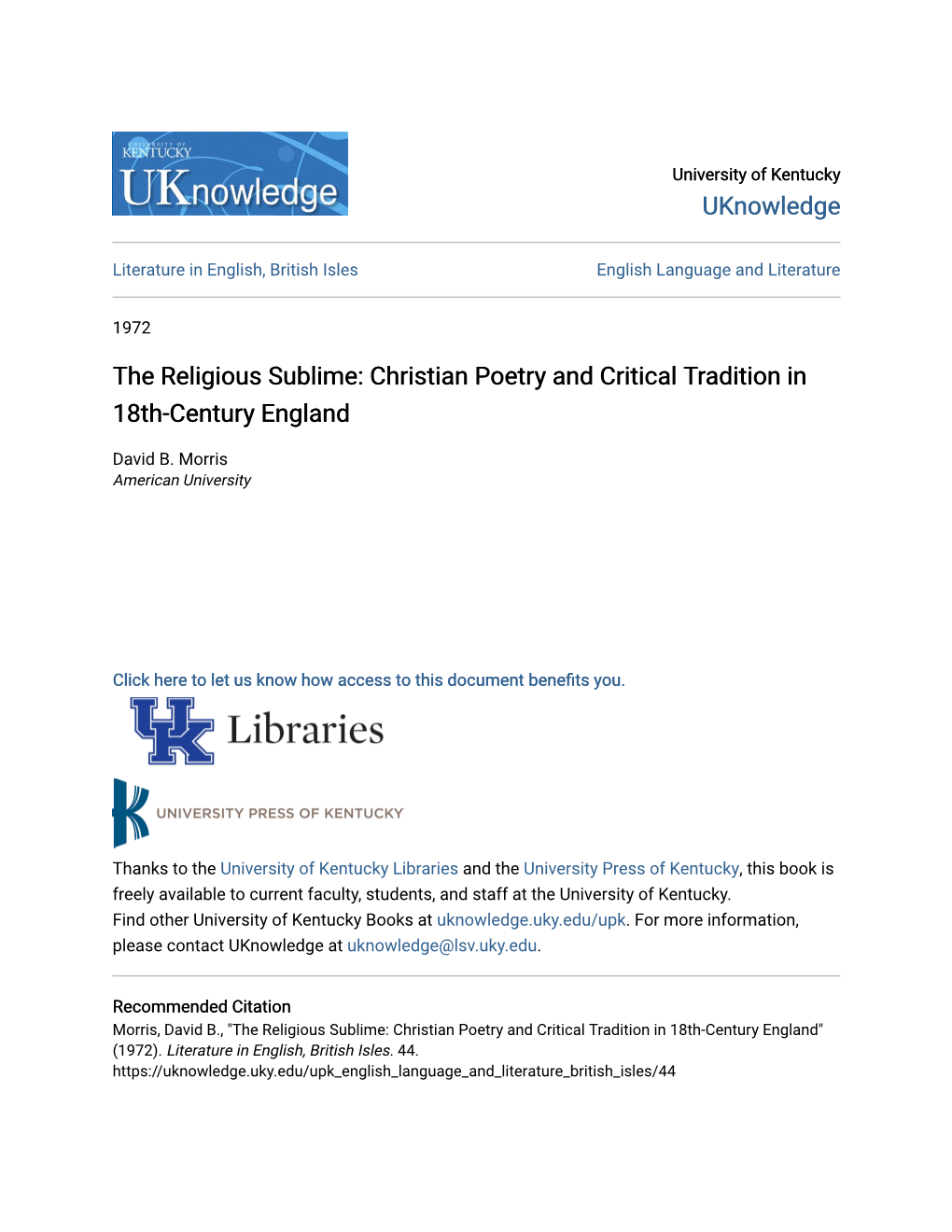 The Religious Sublime: Christian Poetry and Critical Tradition in 18Th-Century England