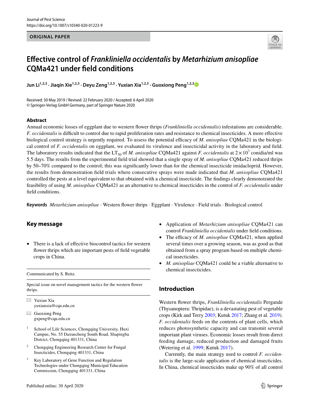 Effective Control of Frankliniella Occidentalis by Metarhizium