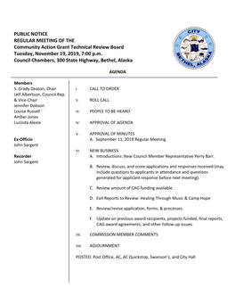 PUBLIC NOTICE REGULAR MEETING of the Community Action Grant Technical Review Board Tuesday, November 19, 2019, 7:00 P.M