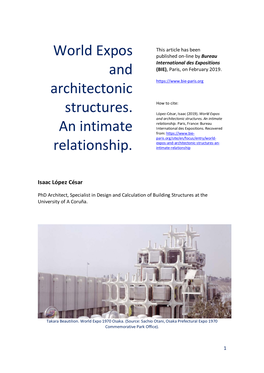 World Expos and Architectonic Structures. an Intimate Relationship. Paris, France: Bureau International Des Expositions