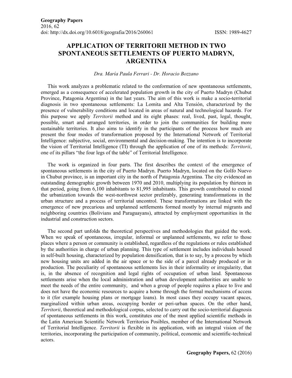 Application of Territorii Method in Two Spontaneous Settlements of Puerto Madryn, Argentina