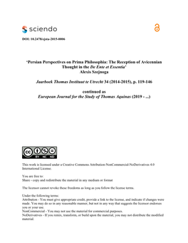 'Persian Perspectives on Prima Philosophia: the Reception of Avicennian Thought in the De Ente Et Essentia' Alexis Szejnoga