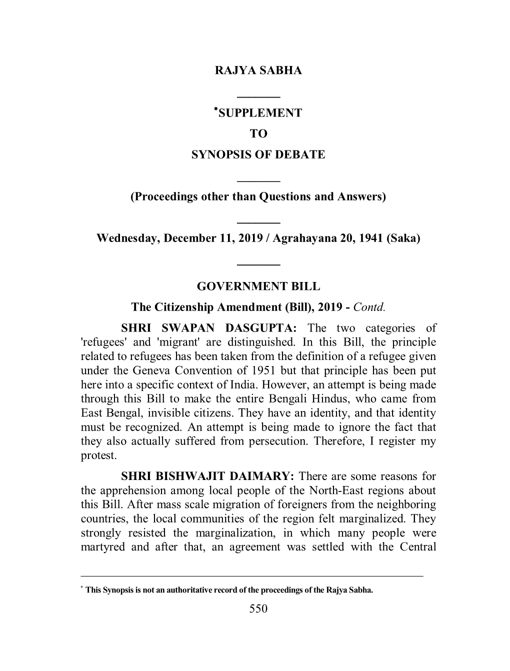 SUPPLEMENT to SYNOPSIS of DEBATE ______(Proceedings Other Than Questions and Answers) ______Wednesday, December 11, 2019 / Agrahayana 20, 1941 (Saka) ______