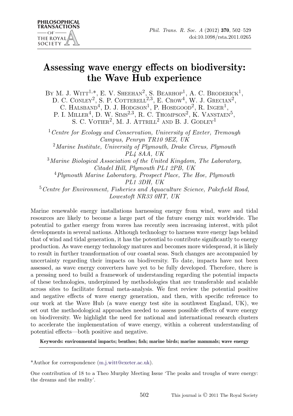 Assessing Wave Energy Effects on Biodiversity: the Wave Hub Experience