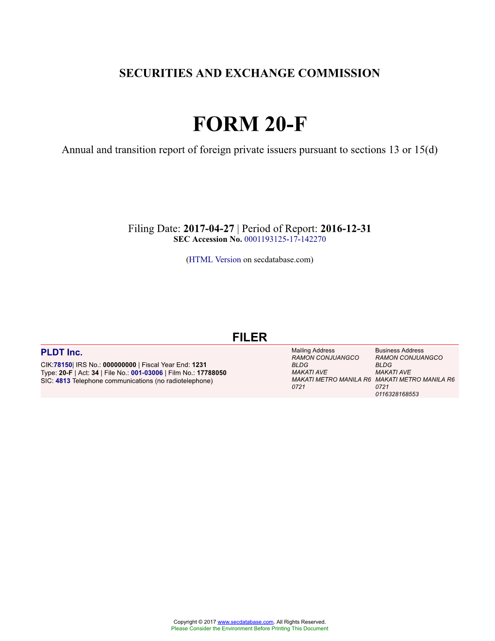 PLDT Inc. Form 20-F Filed 2017-04-27