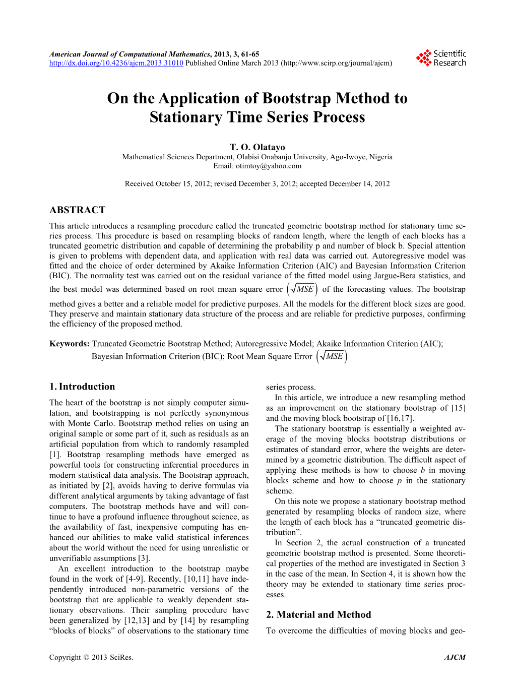 On the Application of Bootstrap Method to Stationary Time Series Process