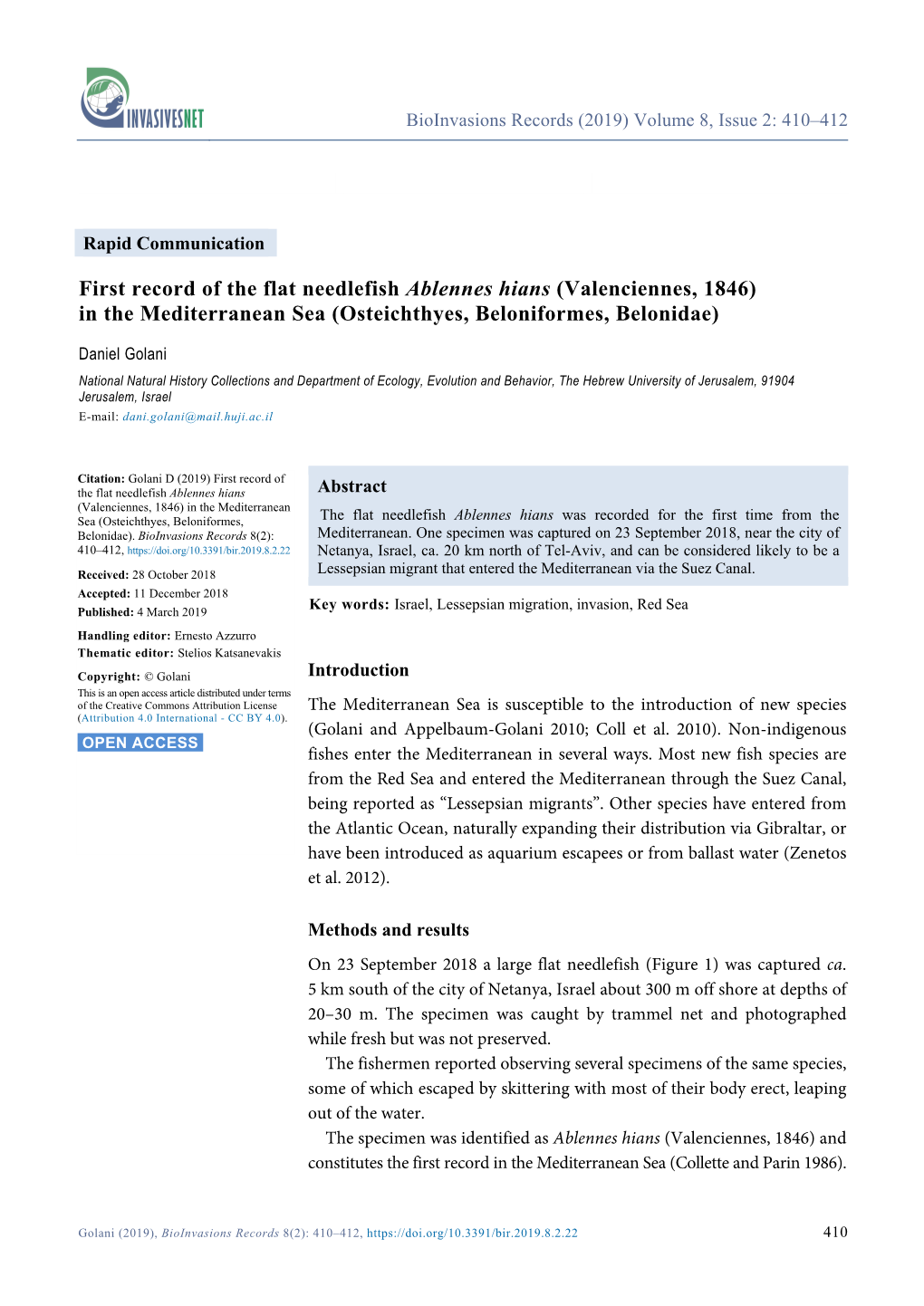 First Record of the Flat Needlefish Ablennes Hians (Valenciennes, 1846) in the Mediterranean Sea (Osteichthyes, Beloniformes, Belonidae)