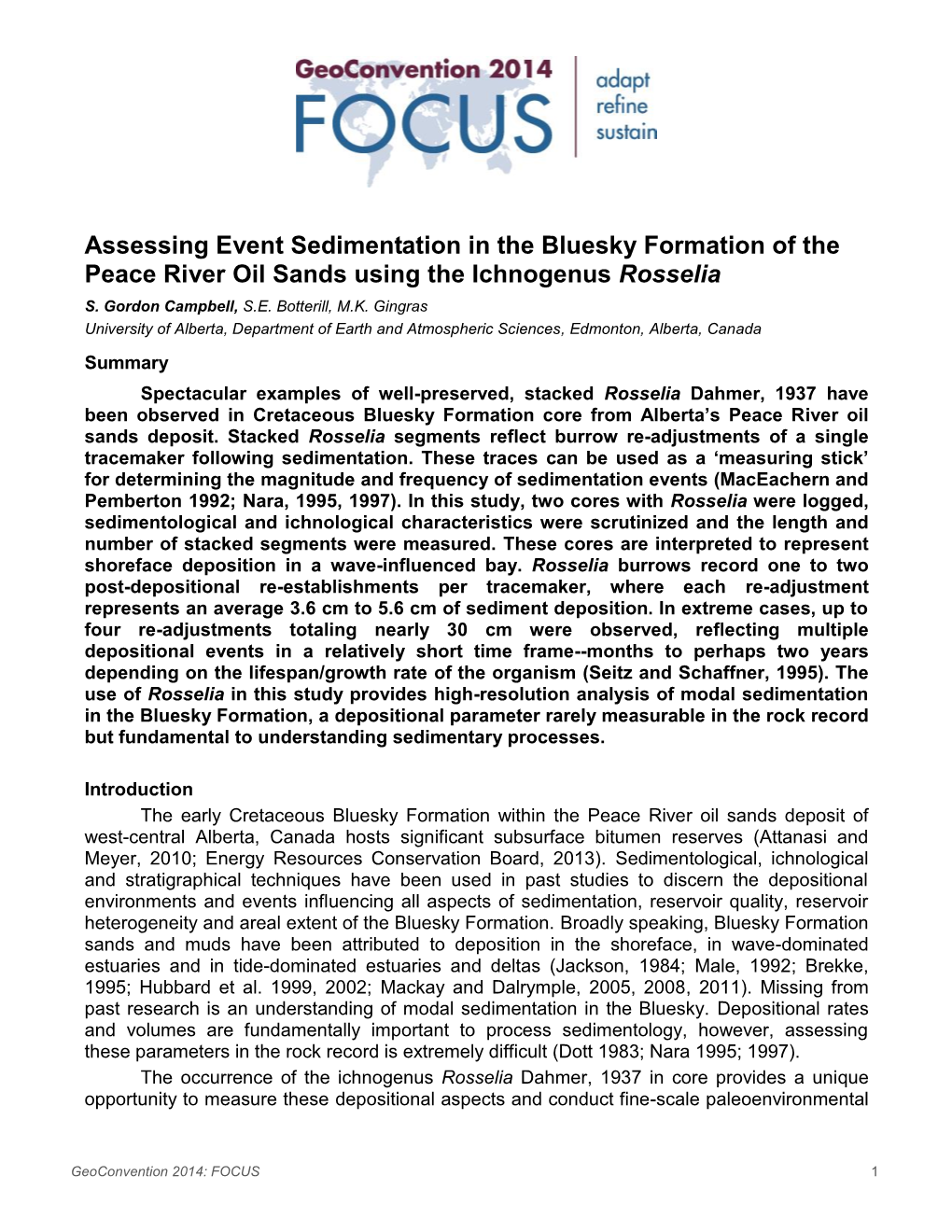 Assessing Event Sedimentation in the Bluesky Formation of the Peace River Oil Sands Using the Ichnogenus Rosselia S