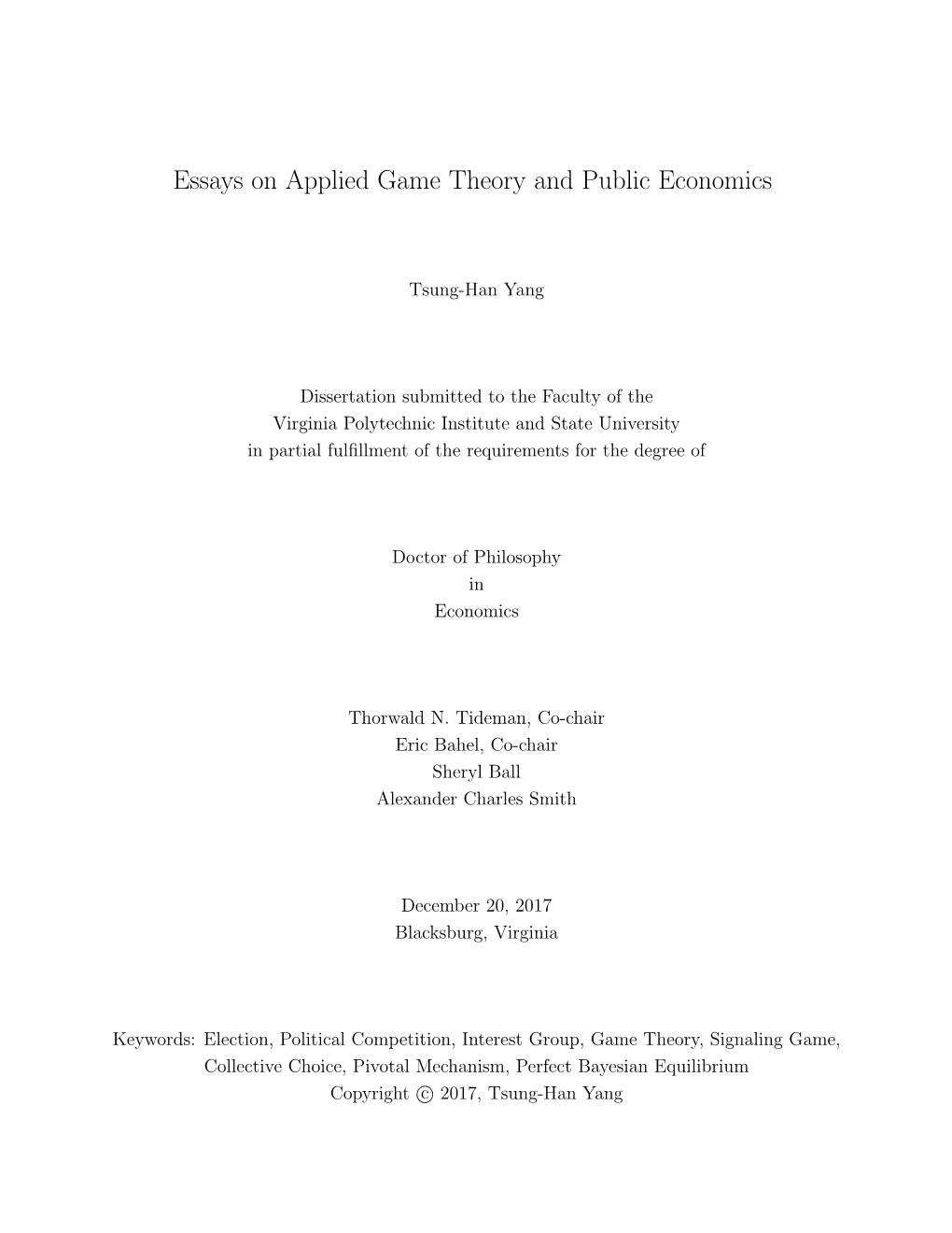 Essays on Applied Game Theory and Public Economics