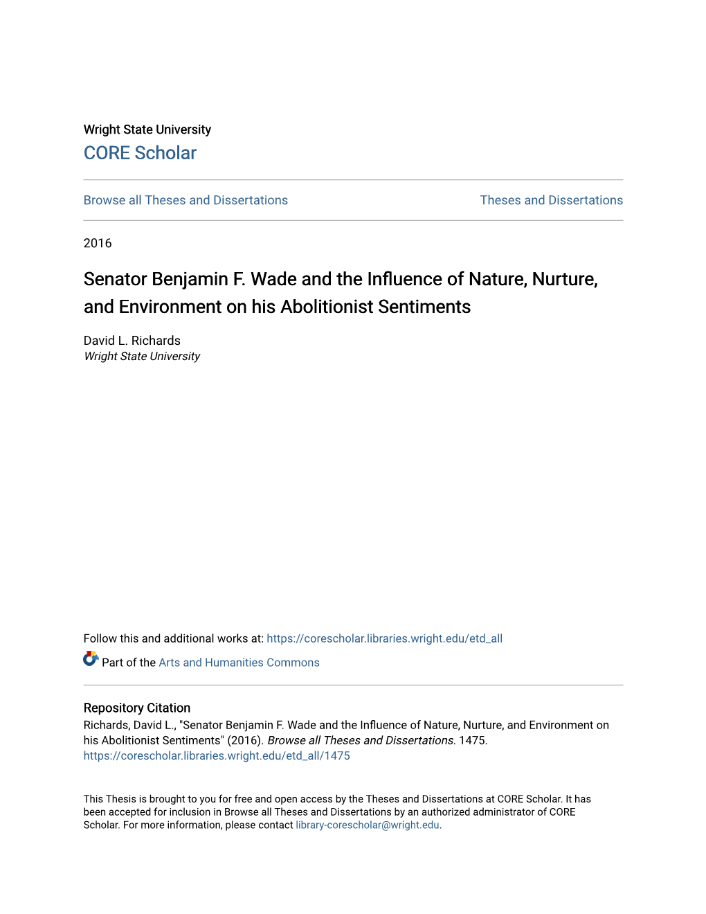 Senator Benjamin F. Wade and the Influence of Nature, Nurture, and Environment on His Abolitionist Sentiments