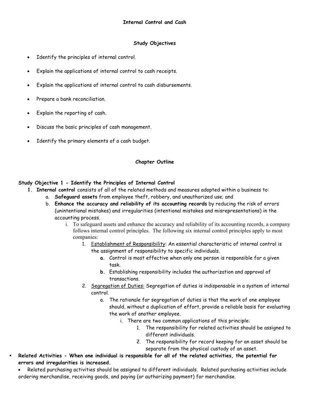 Internal Control and Cash