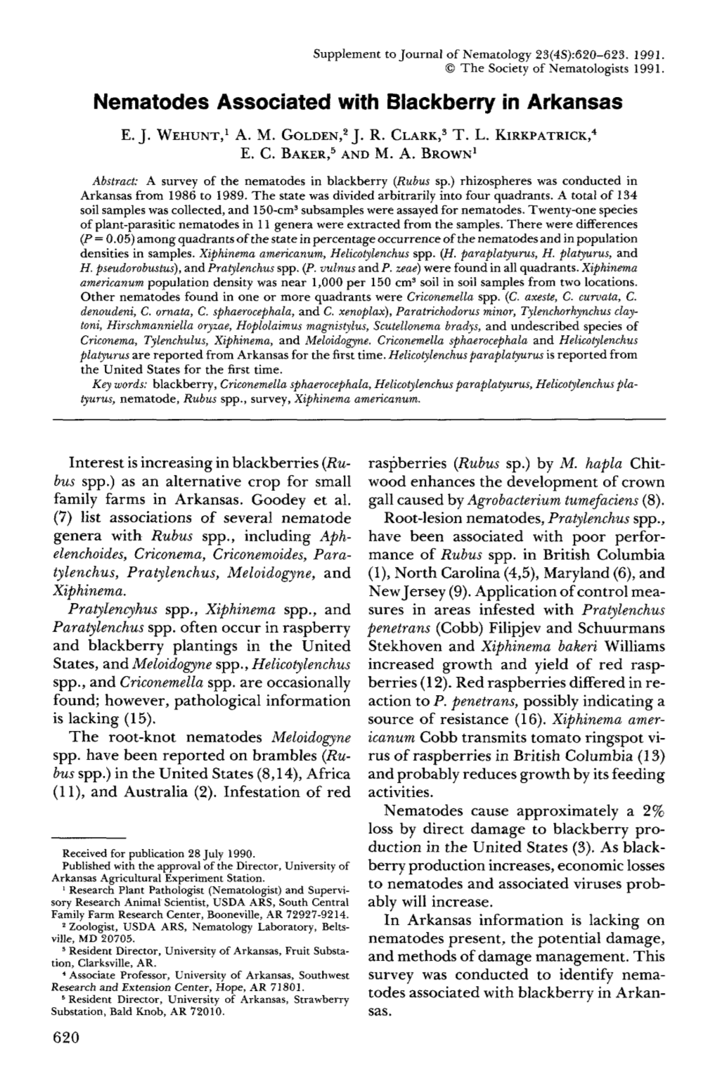 Nematodes Associated with Blackberry in Arkansas